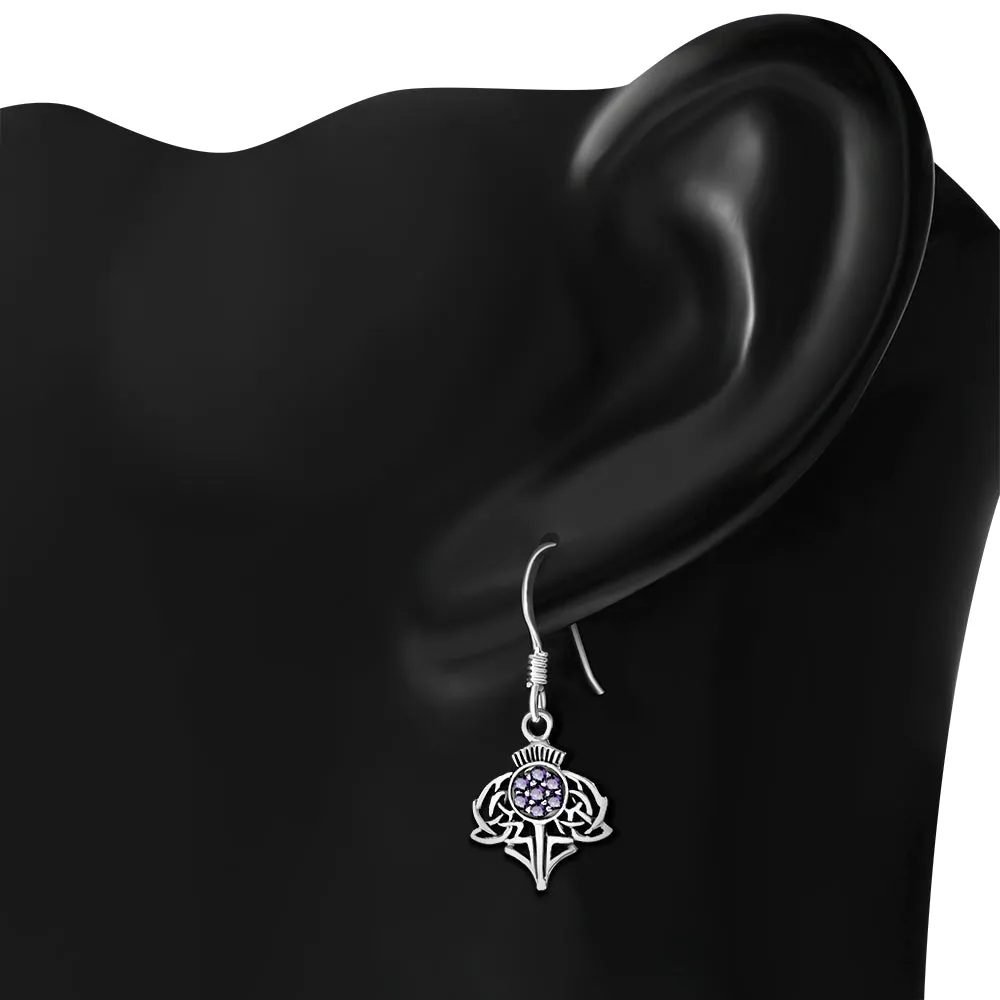 Amethyst CZ Scottish Thistle Silver Earrings