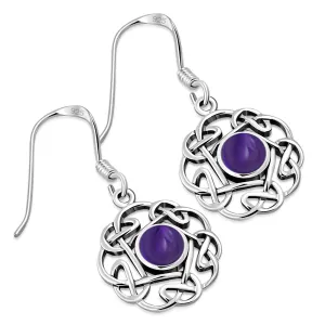 Amethyst Stone Round Celtic Knot Silver Earrings