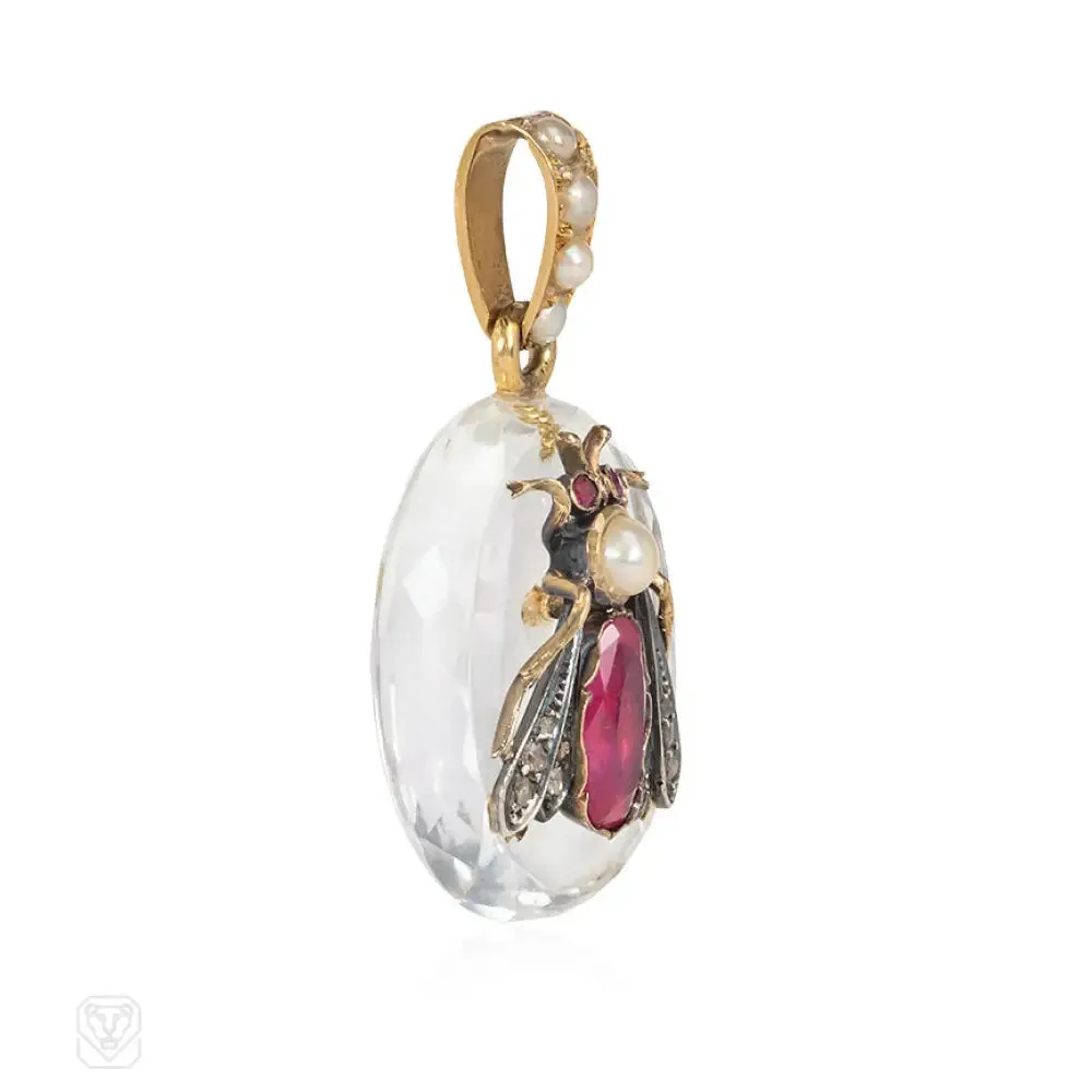 Antique French gemset insect and crystal pendant