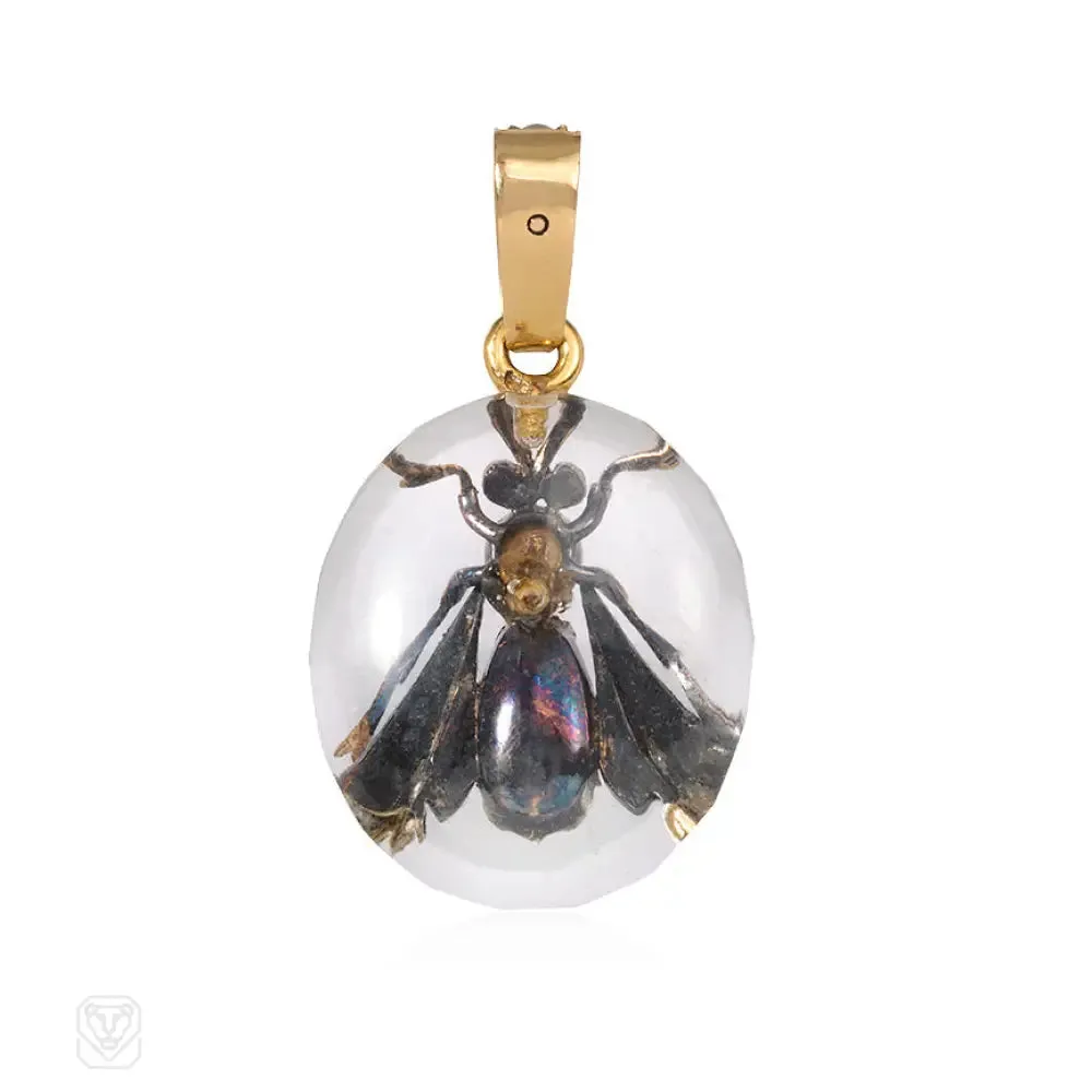 Antique French gemset insect and crystal pendant