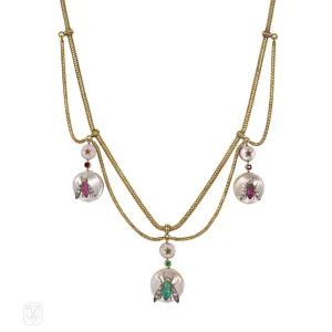 Antique gemset and crystal insect swag necklace