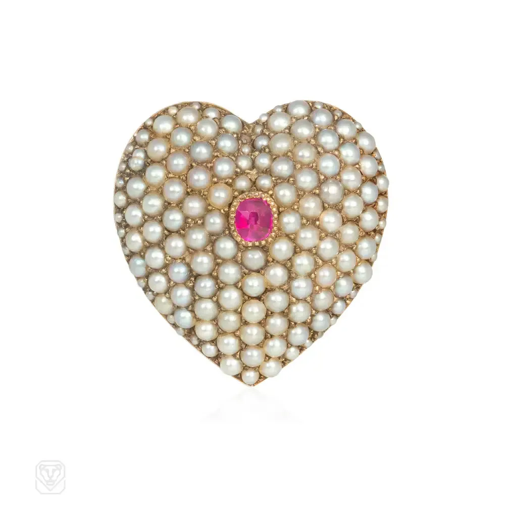 Antique pearl and ruby heart pendant/brooch