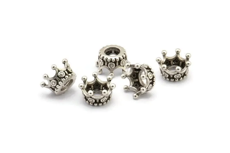 Antique Silver Crown Bead, 3 Antique Silver Plated Crowns Beads (11x6mm) Brc202--r075 H0393