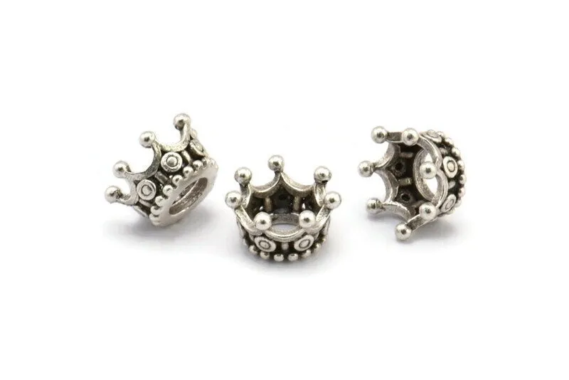 Antique Silver Crown Bead, 3 Antique Silver Plated Crowns Beads (11x6mm) Brc202--r075 H0393