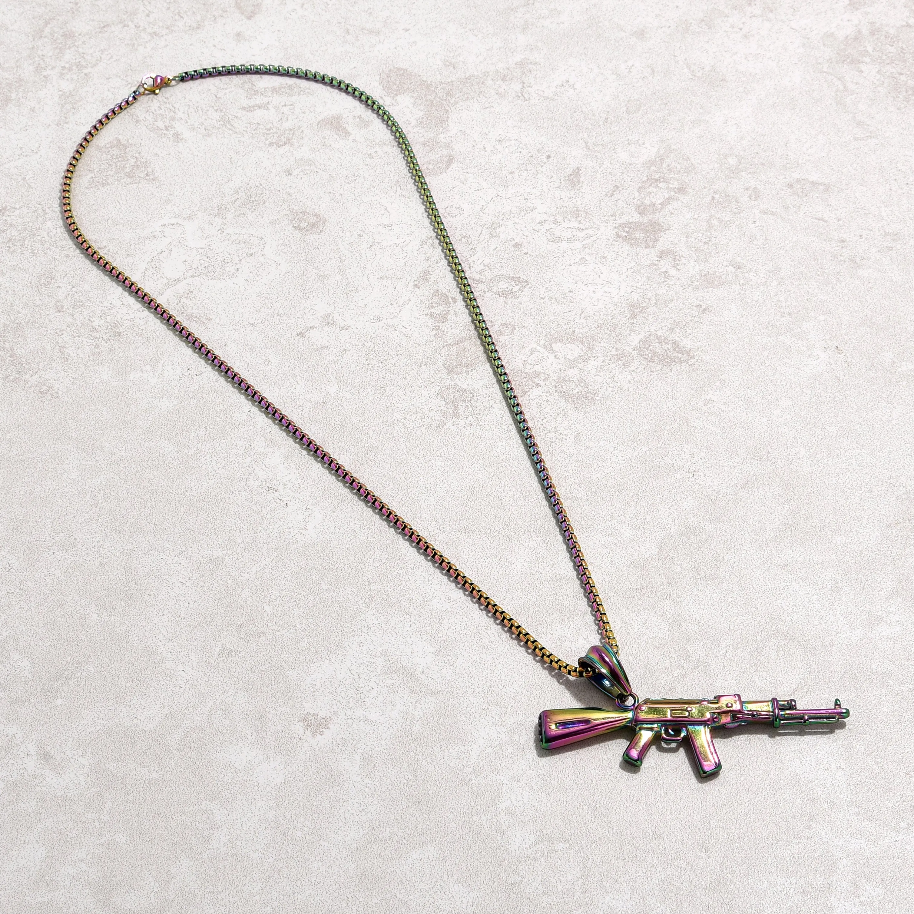 Aurora Borealis AK-47 Gun Steel Hearts Necklace