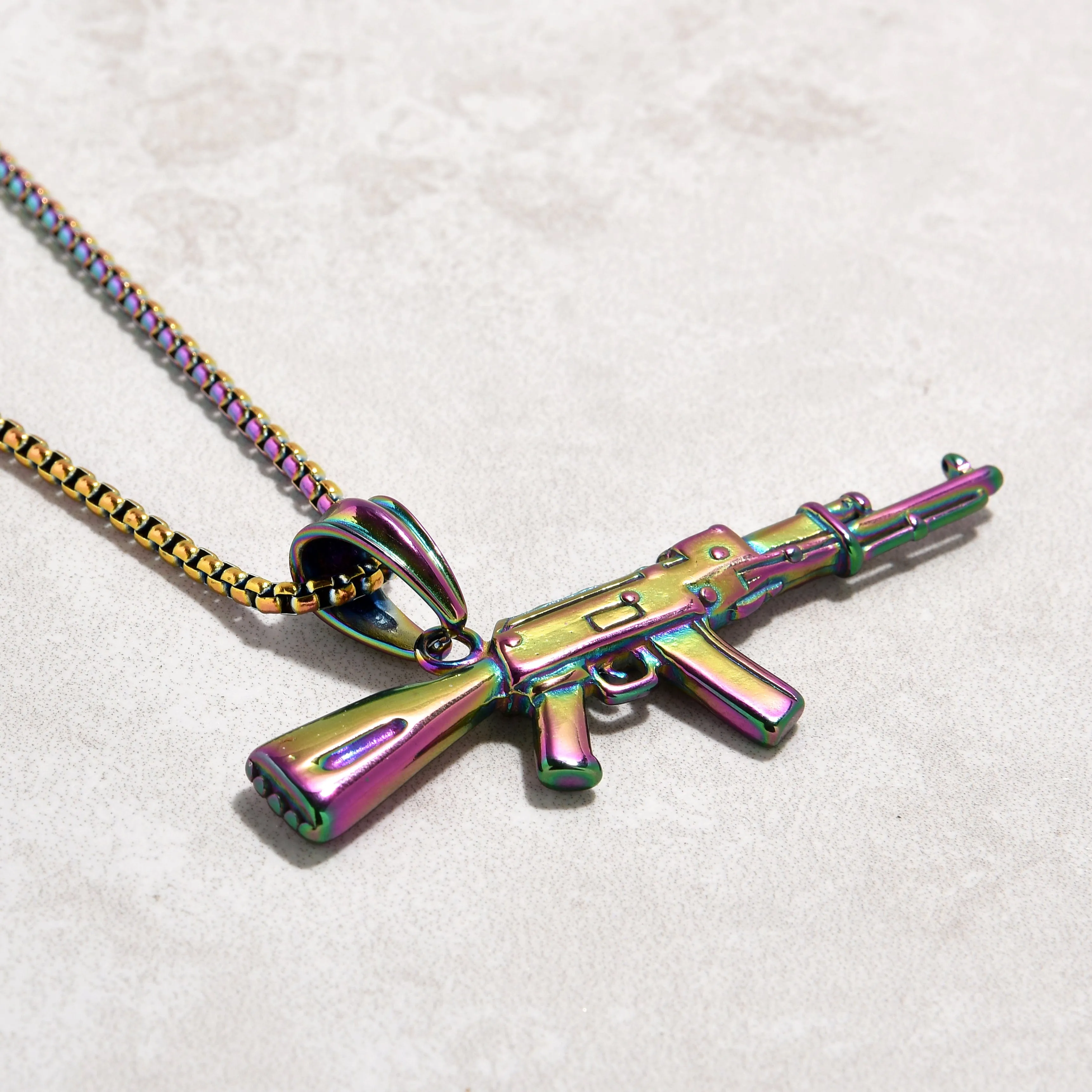 Aurora Borealis AK-47 Gun Steel Hearts Necklace