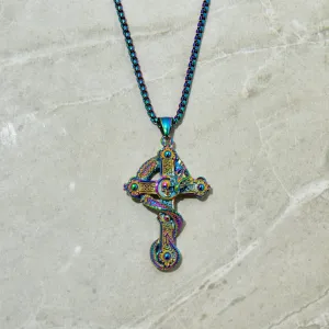 Aurora Borealis Dragon Cross Steel Hearts Necklace