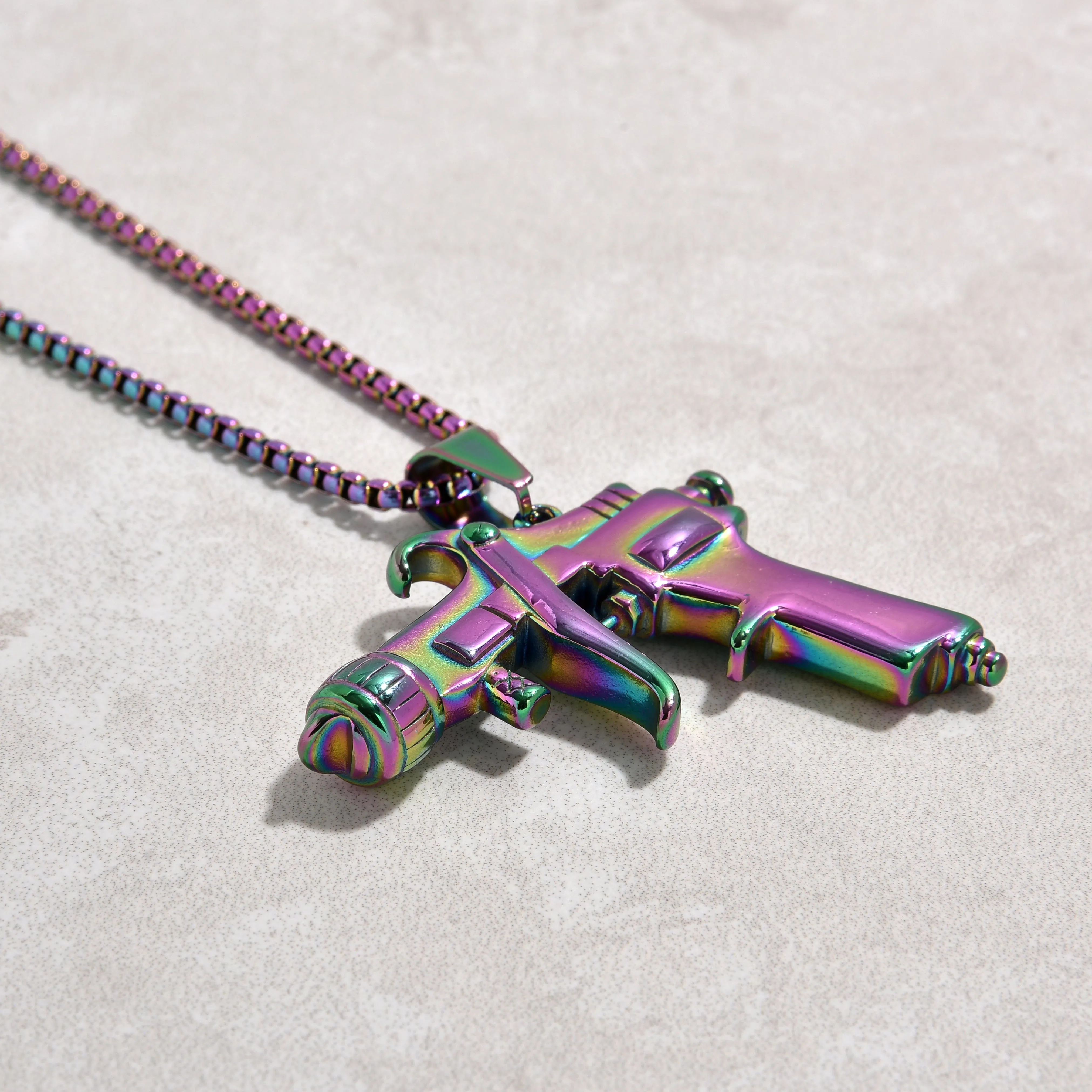 Aurora Borealis Tattoo Gun Steel Hearts Necklace