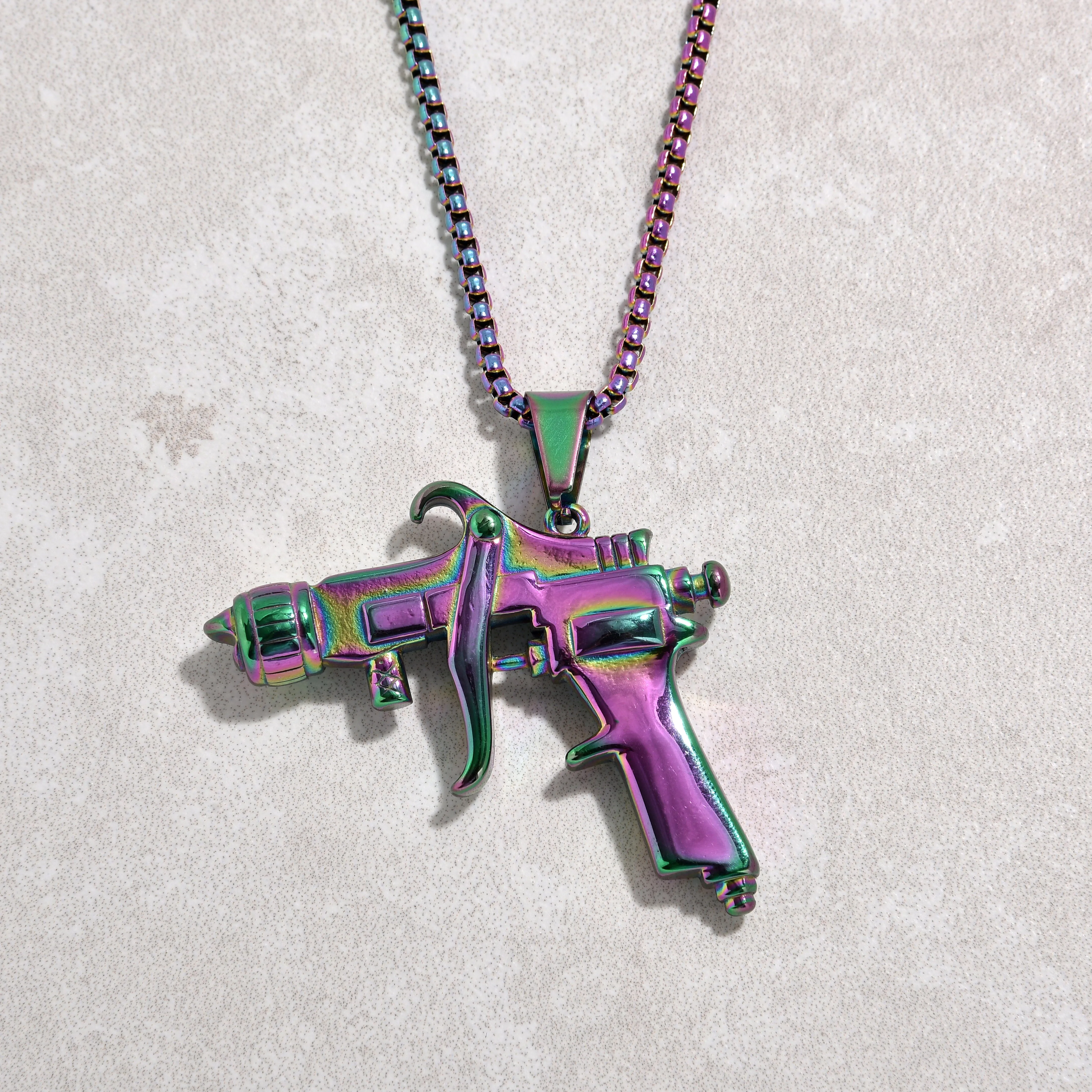 Aurora Borealis Tattoo Gun Steel Hearts Necklace