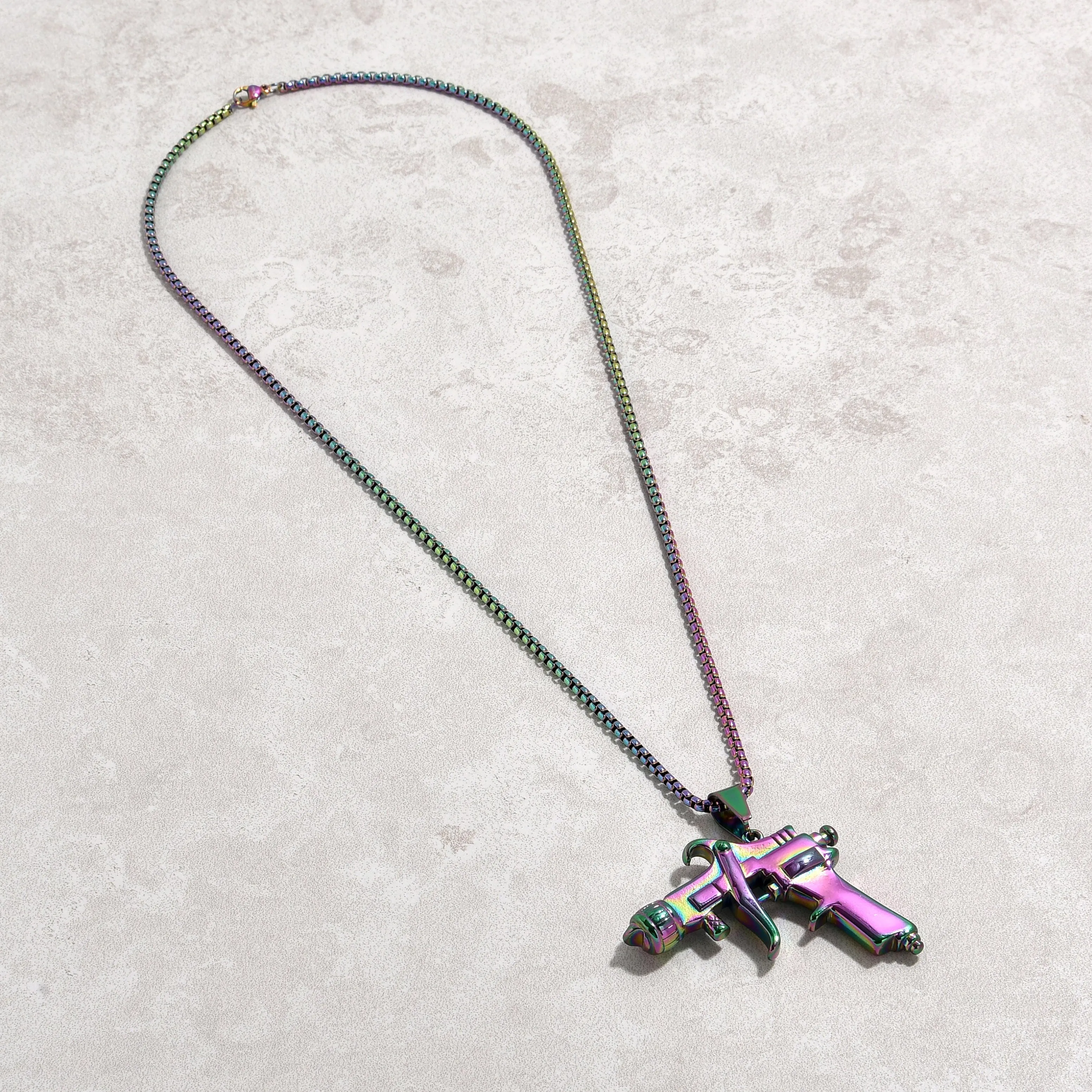 Aurora Borealis Tattoo Gun Steel Hearts Necklace