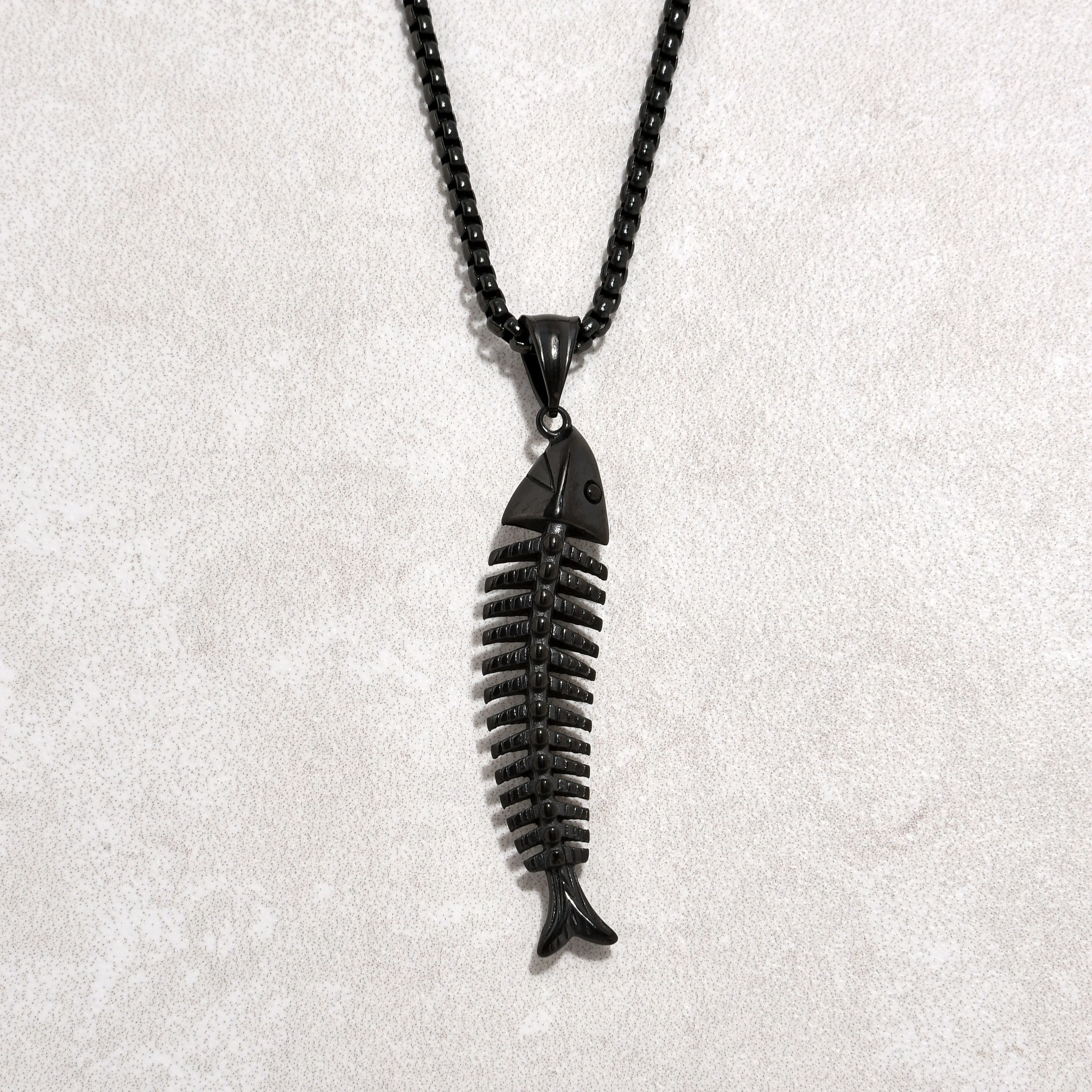 Black Gun Metal Fish Bone Steel Hearts Necklace