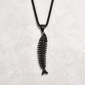 Black Gun Metal Fish Bone Steel Hearts Necklace