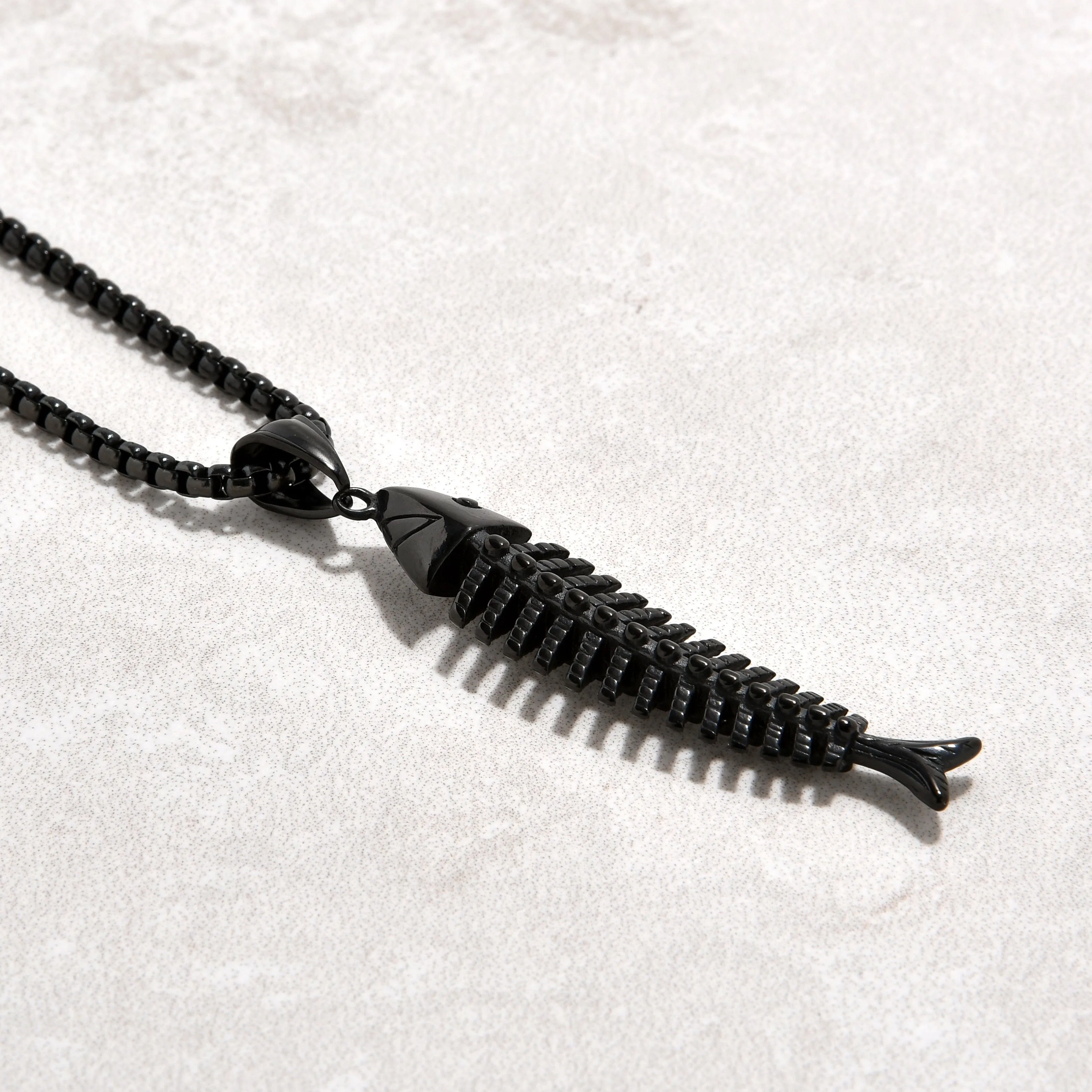 Black Gun Metal Fish Bone Steel Hearts Necklace