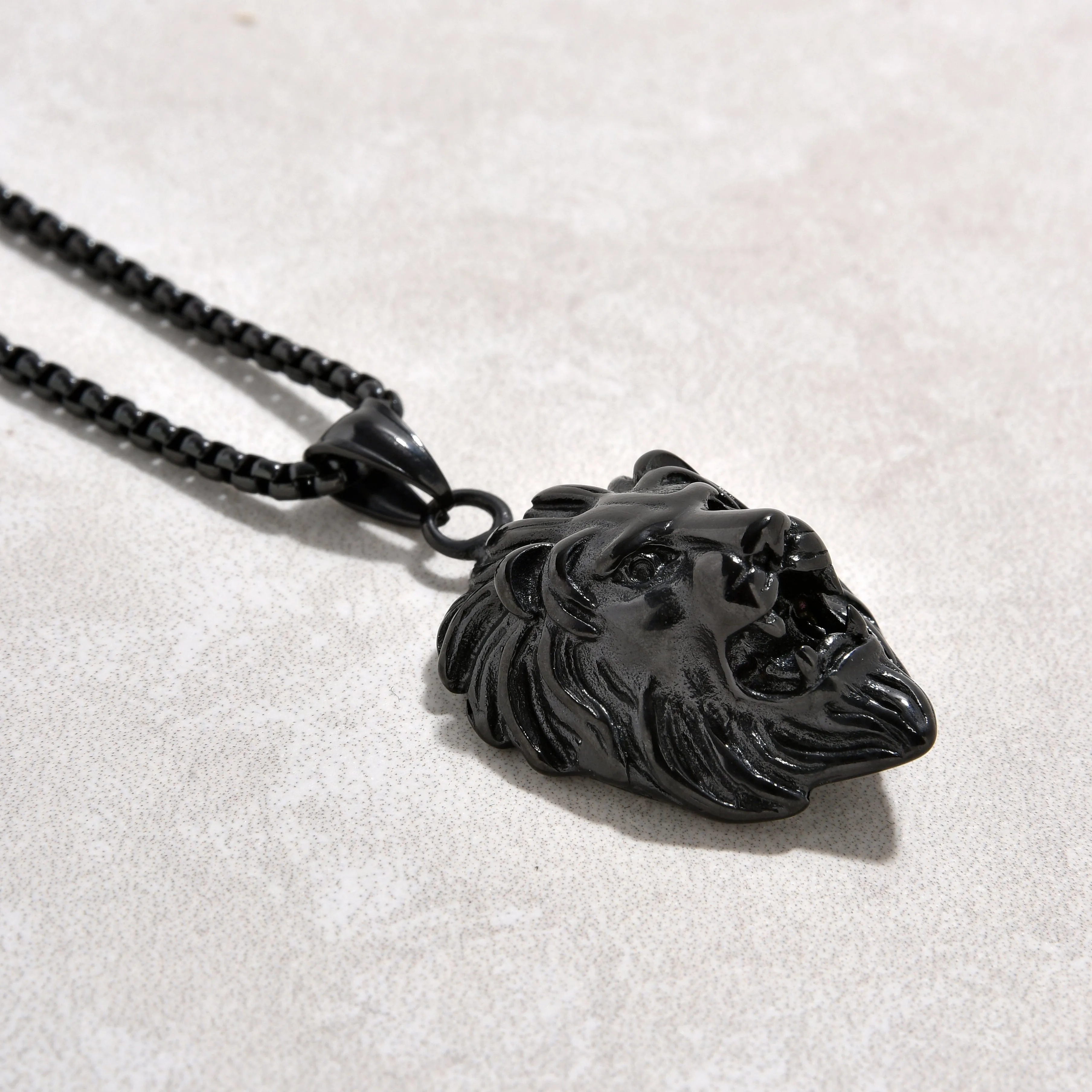 Black Gun Metal Lion Steel Hearts Necklace