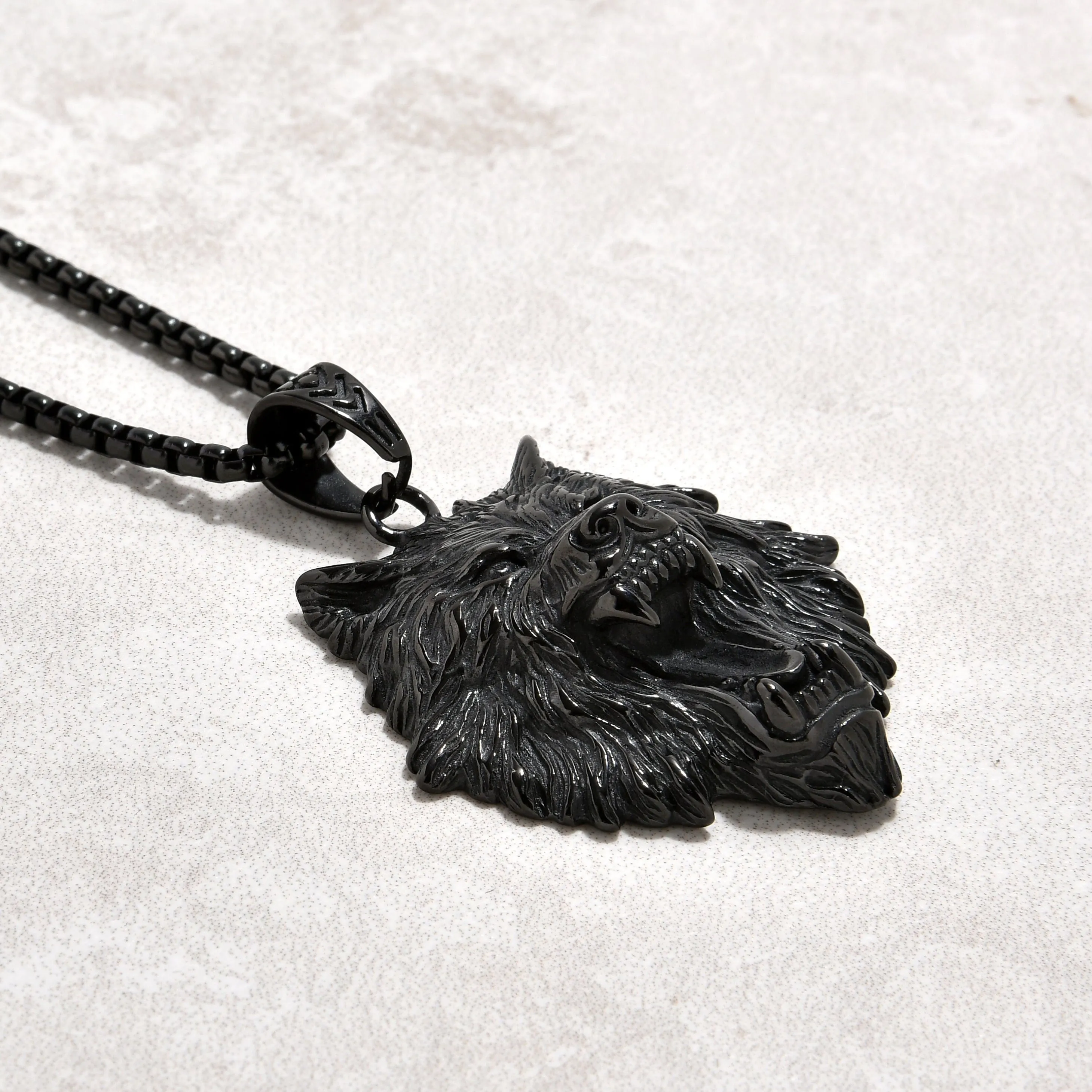 Black Gun Metal Wolf Steel Hearts Necklace