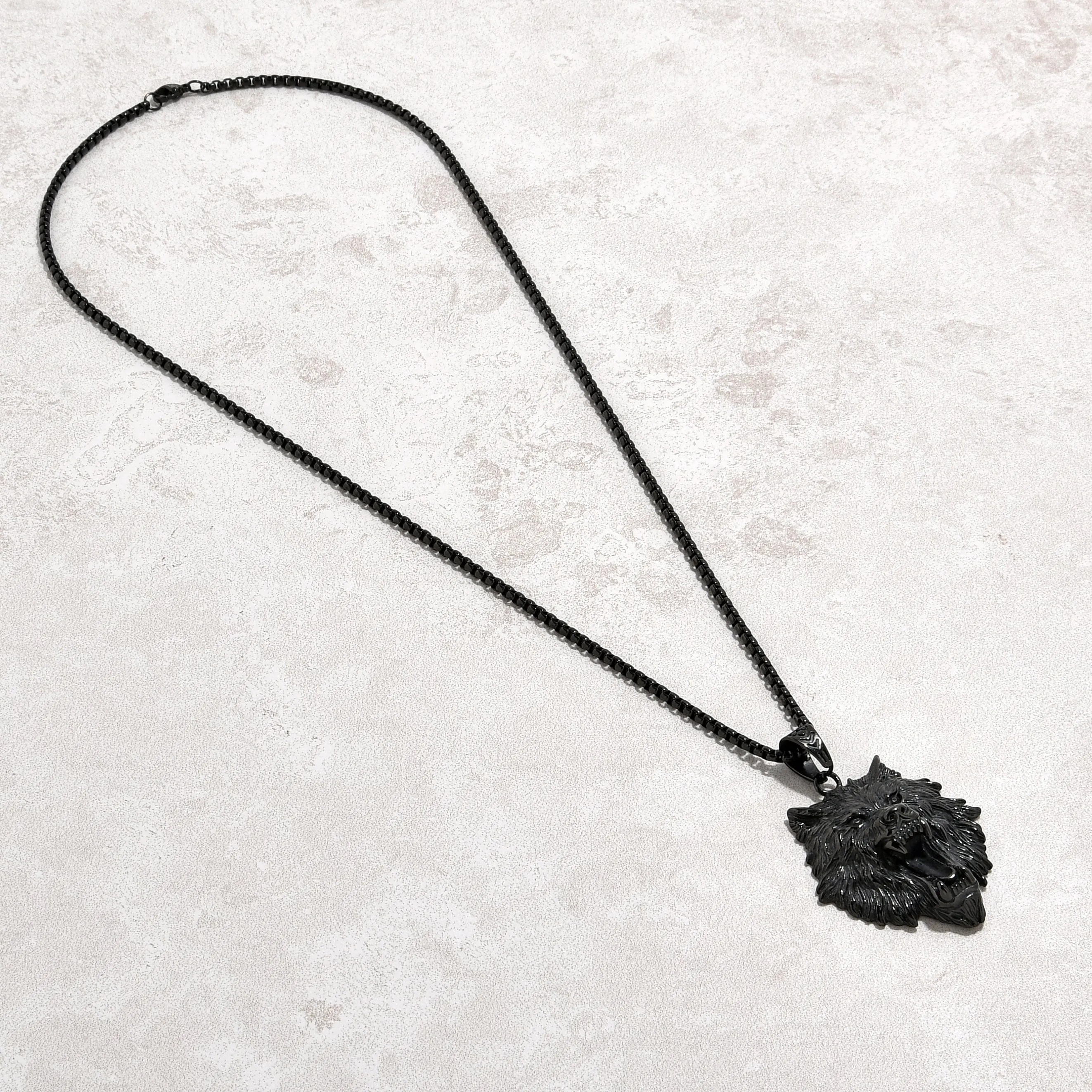 Black Gun Metal Wolf Steel Hearts Necklace