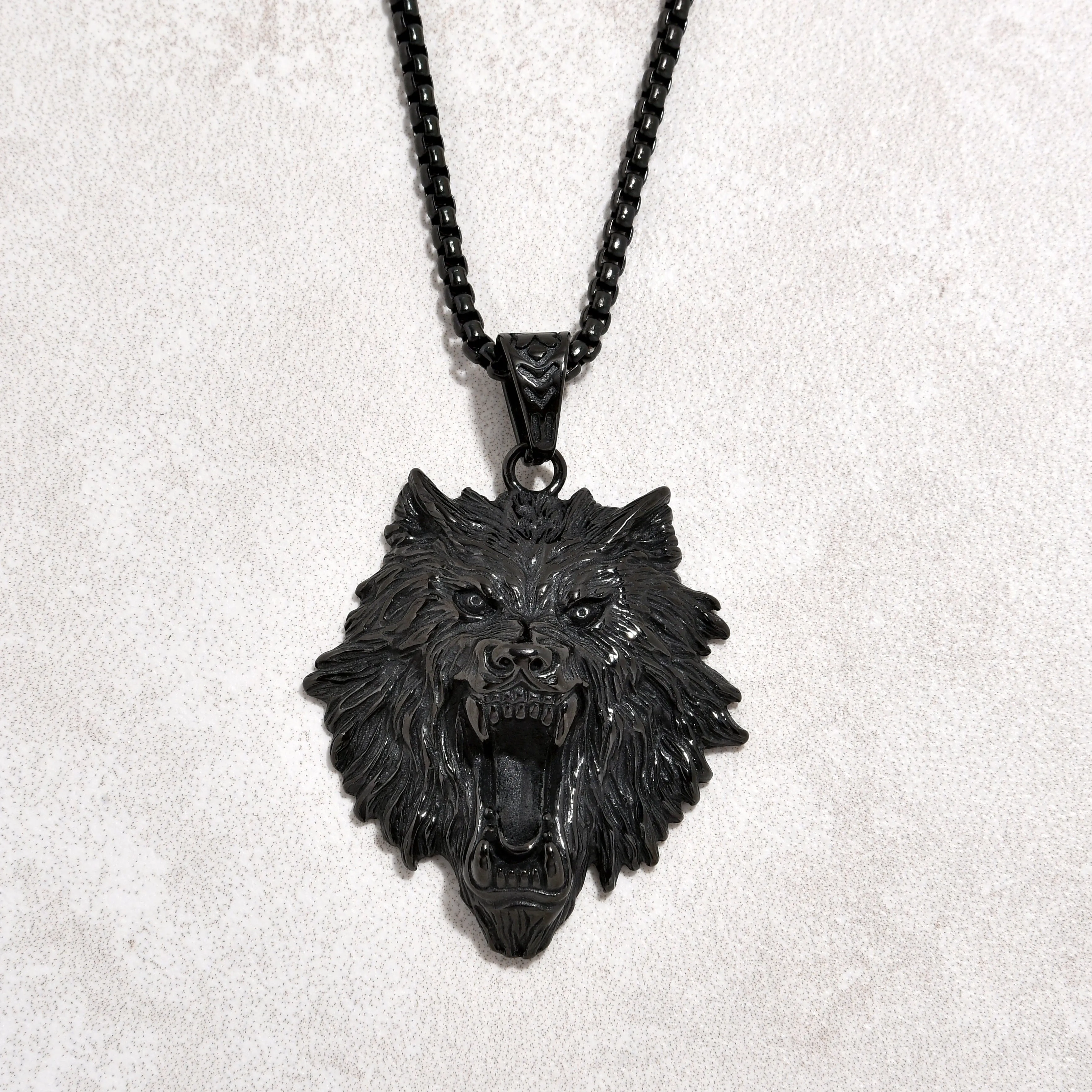 Black Gun Metal Wolf Steel Hearts Necklace