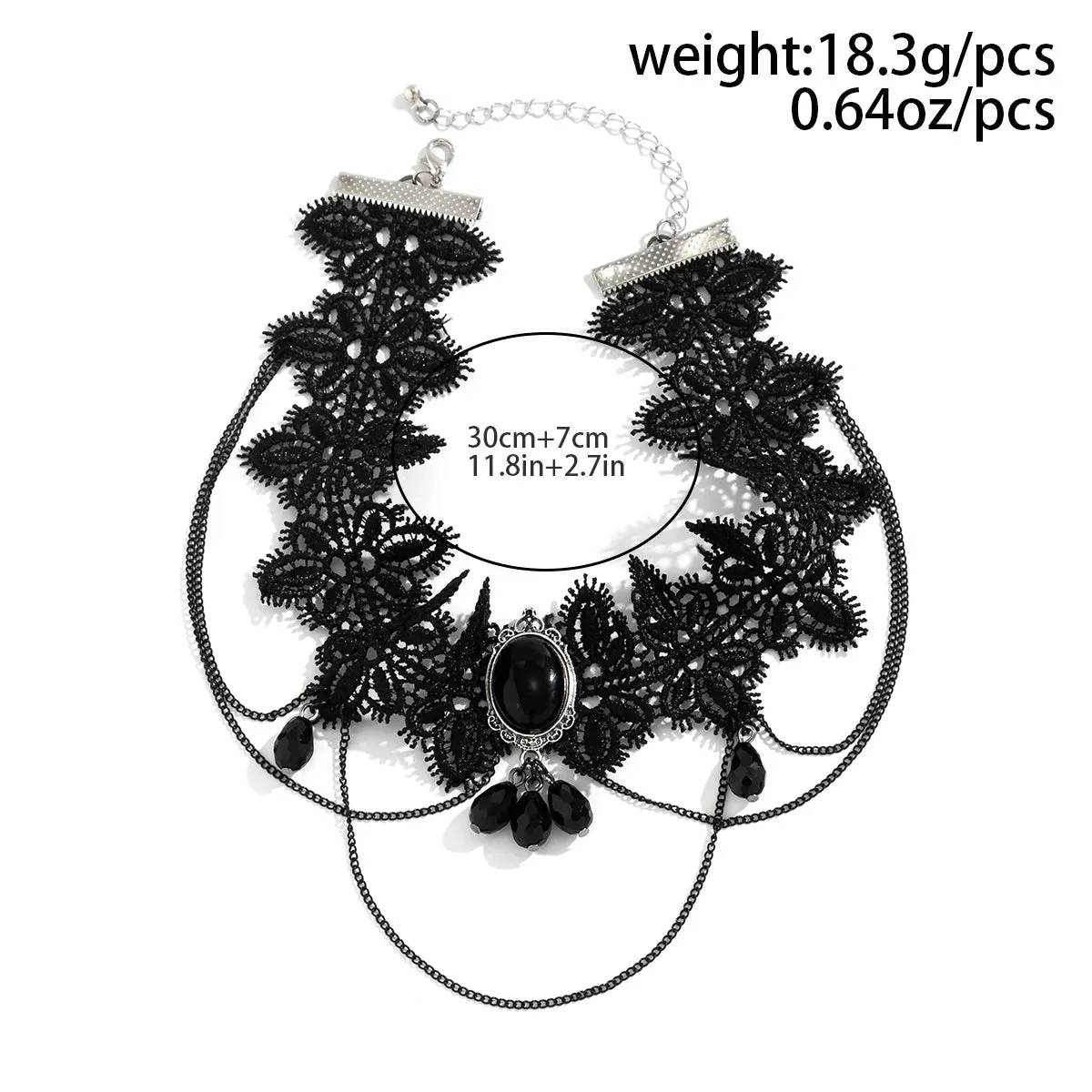 Black Lace Rope Choker w/ Black Gems and Hanging Chains