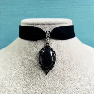 Black Velvet Choker w/ Black Cameo and Black Oval Gem