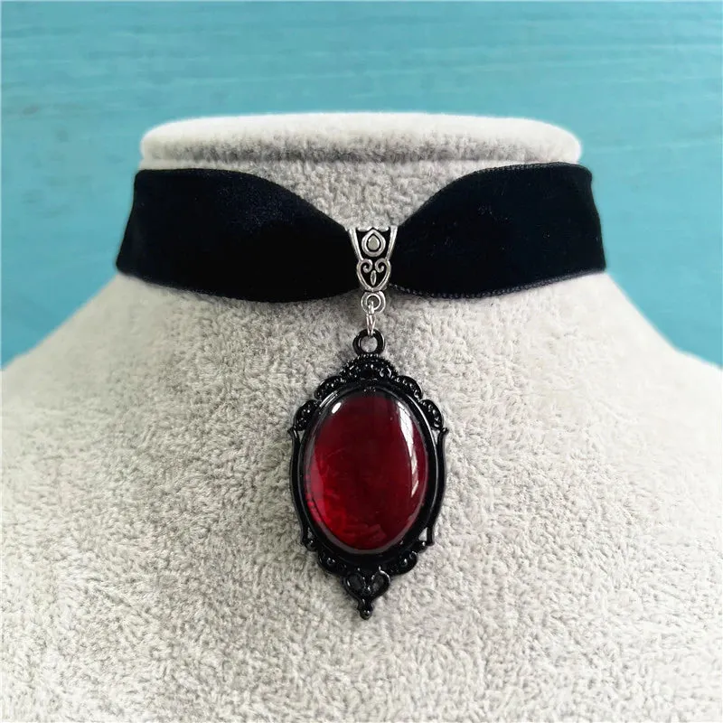 Black Velvet Choker w/ Black Cameo Red Oval Gem