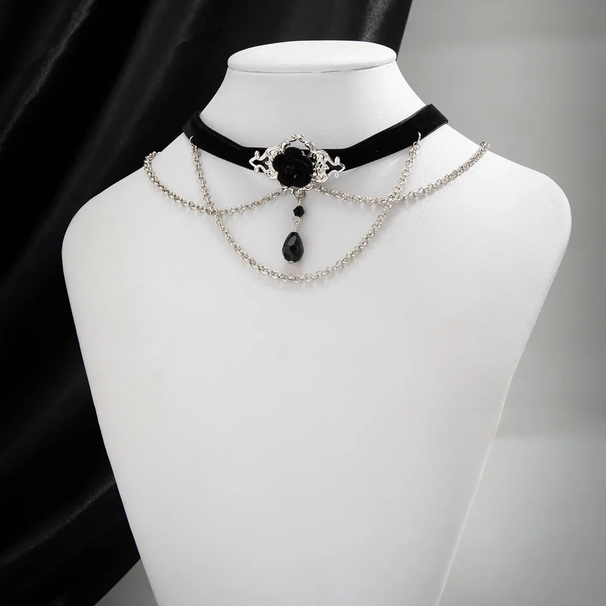 Black Velvet Choker w/ Black Flower, Gem and Hanging Chains