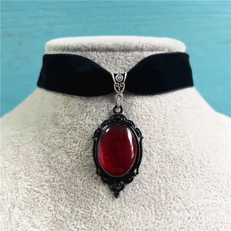 Black Velvet Choker w/ Red Cameo Pendant