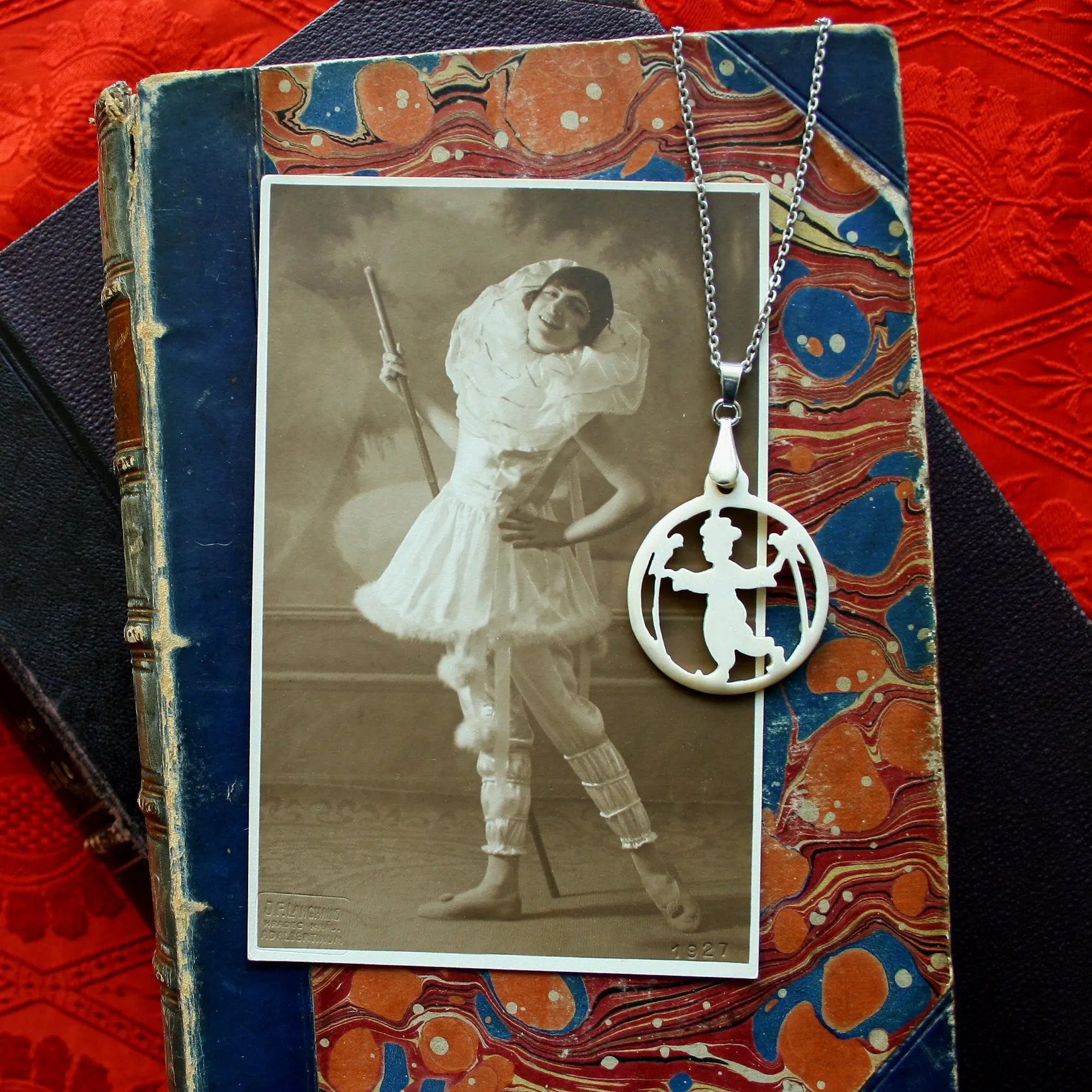 Child with Birds - carved bone antique fairytale pendant. Handmade