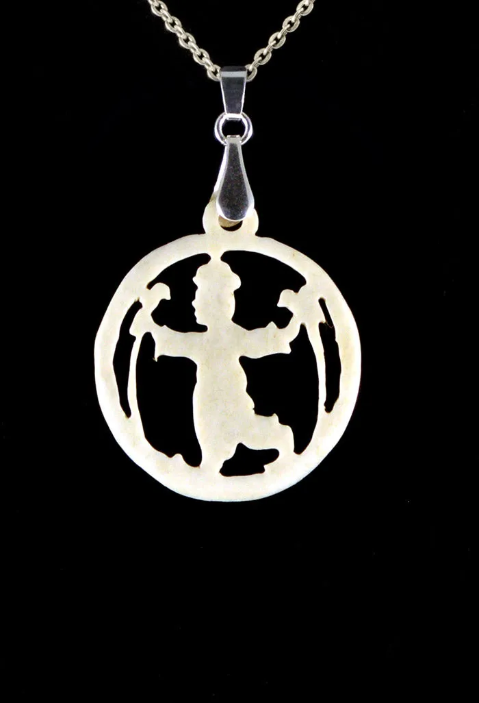 Child with Birds - carved bone antique fairytale pendant. Handmade