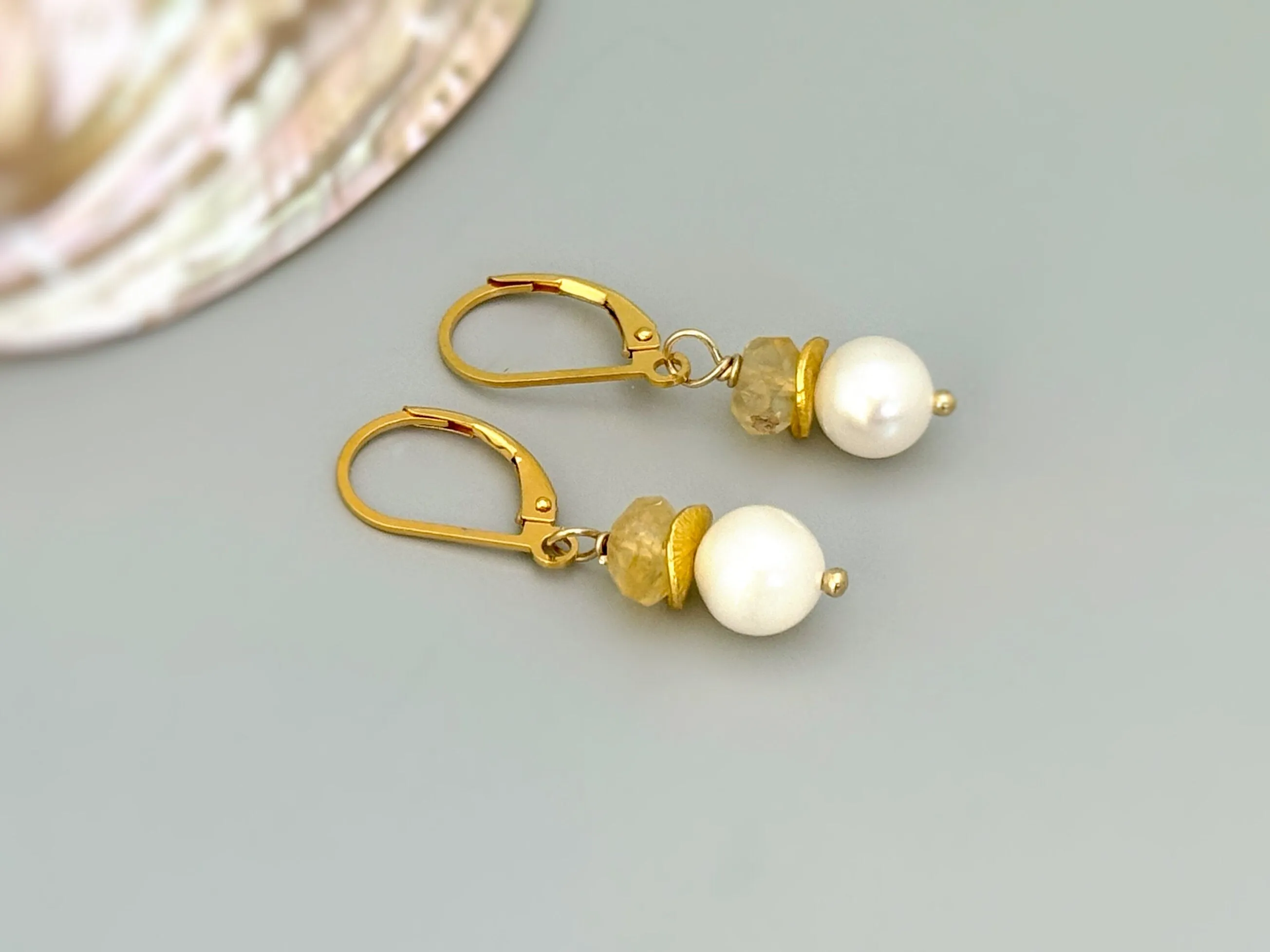 Citrine and Pearl Earrings dangle 14k gold