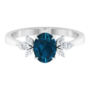 Claw Set London Blue Topaz Solitaire Ring with Marquise Diamond Trio