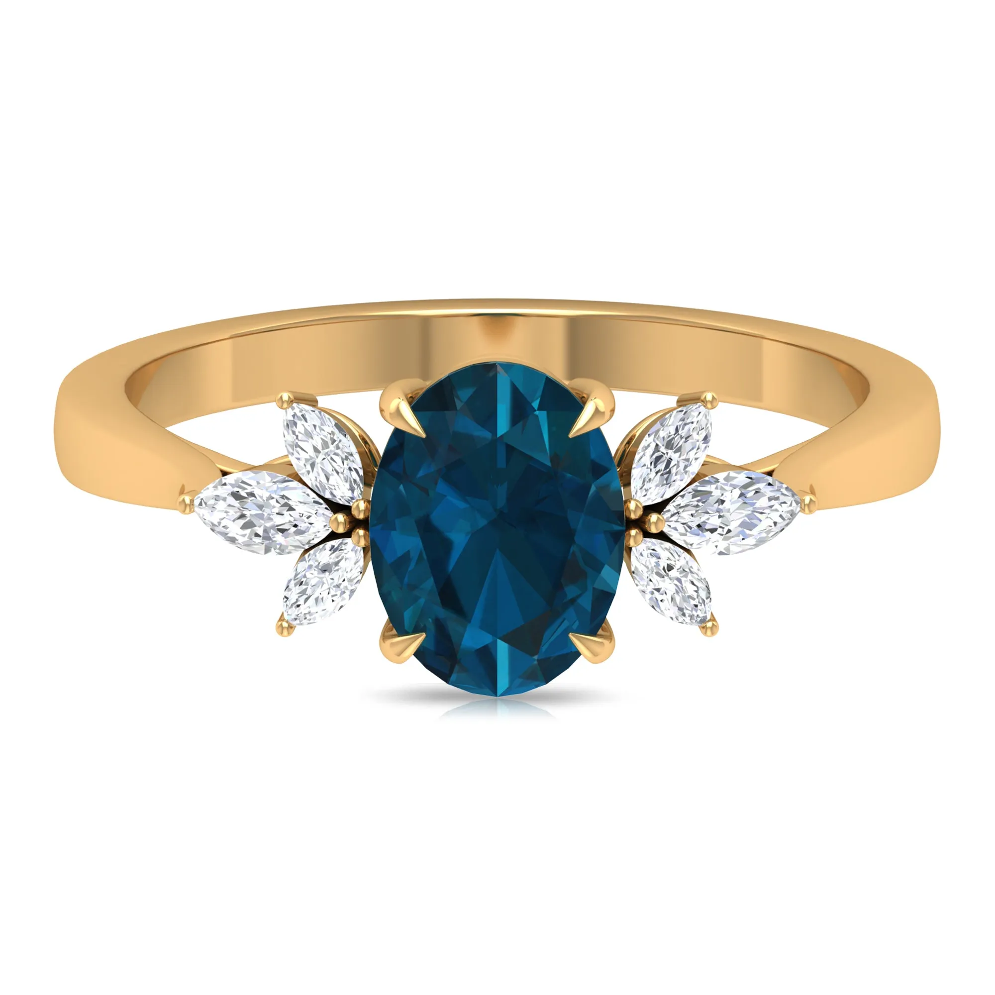 Claw Set London Blue Topaz Solitaire Ring with Marquise Diamond Trio