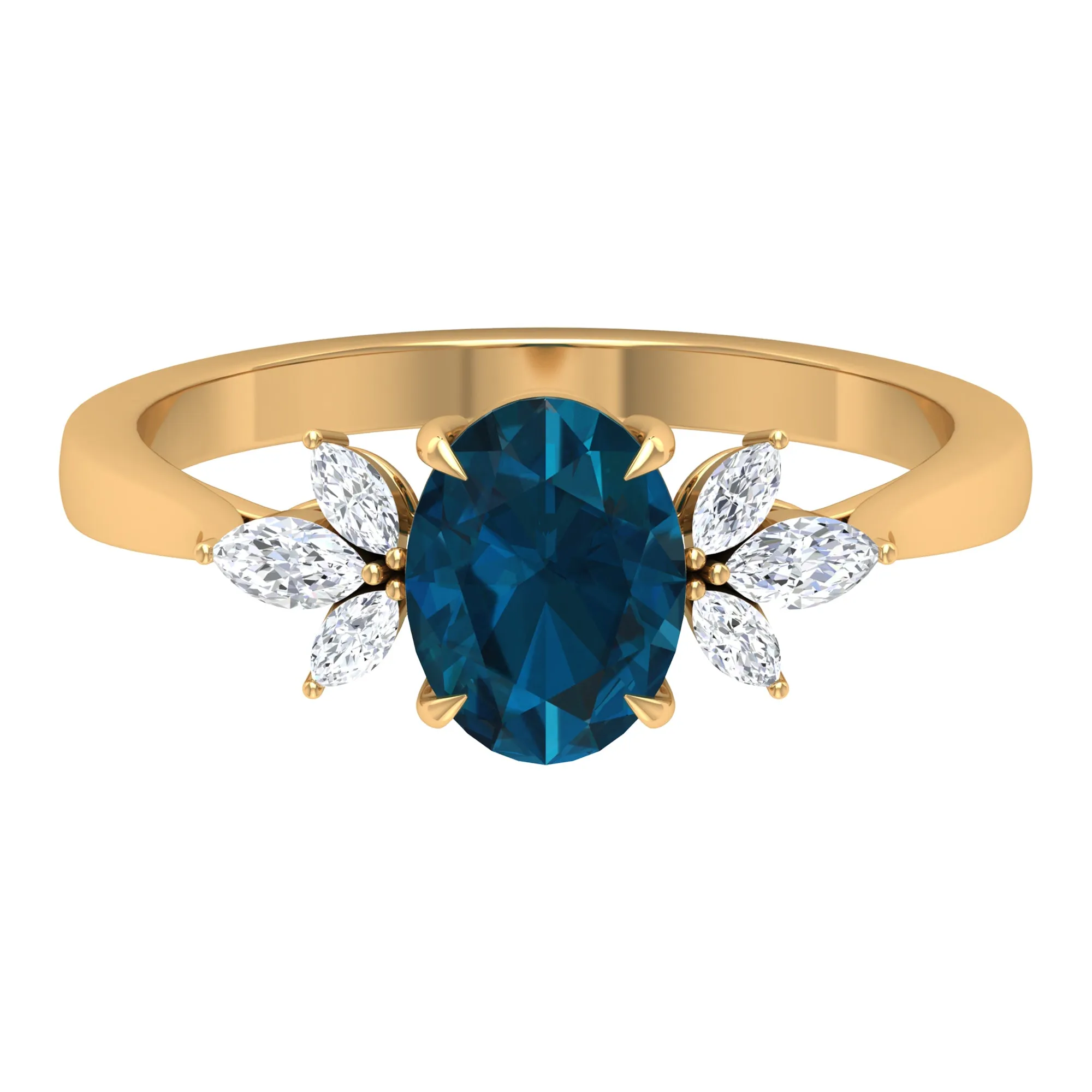 Claw Set London Blue Topaz Solitaire Ring with Marquise Diamond Trio