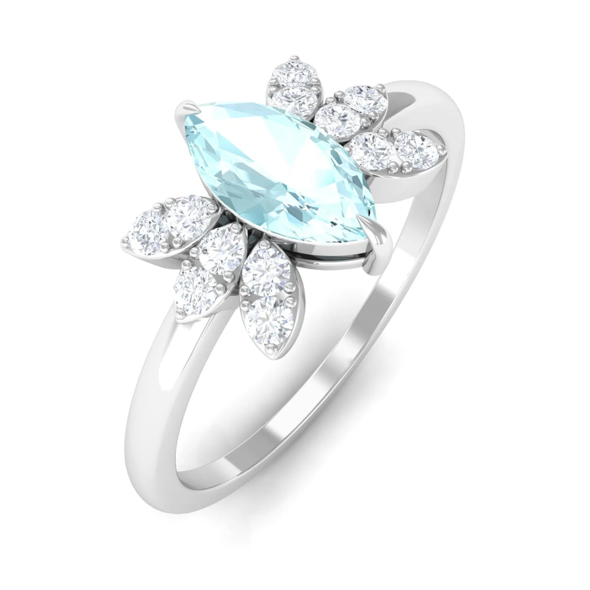 Claw Set Marquise Sky Blue Topaz and Diamond Promise Ring