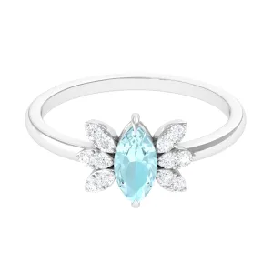 Claw Set Marquise Sky Blue Topaz and Diamond Promise Ring