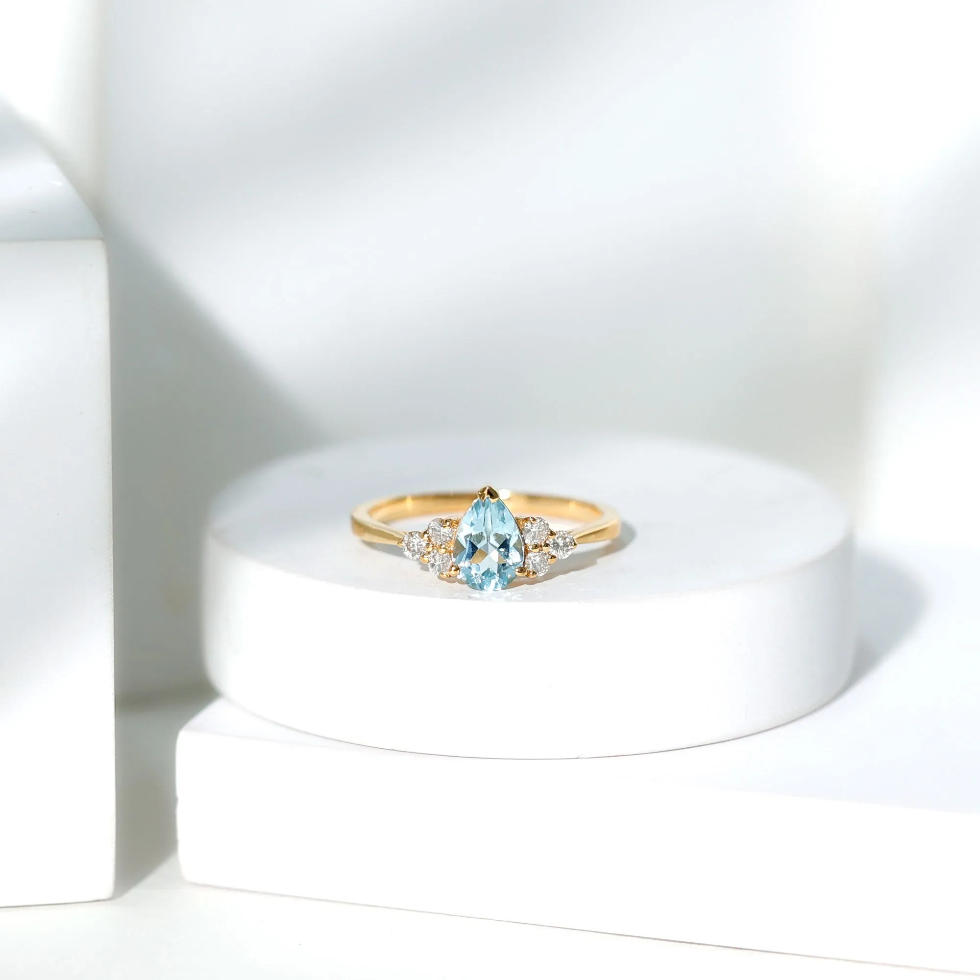 Claw Set Pear Cut Sky Blue Topaz Solitaire Ring with Diamond Trio