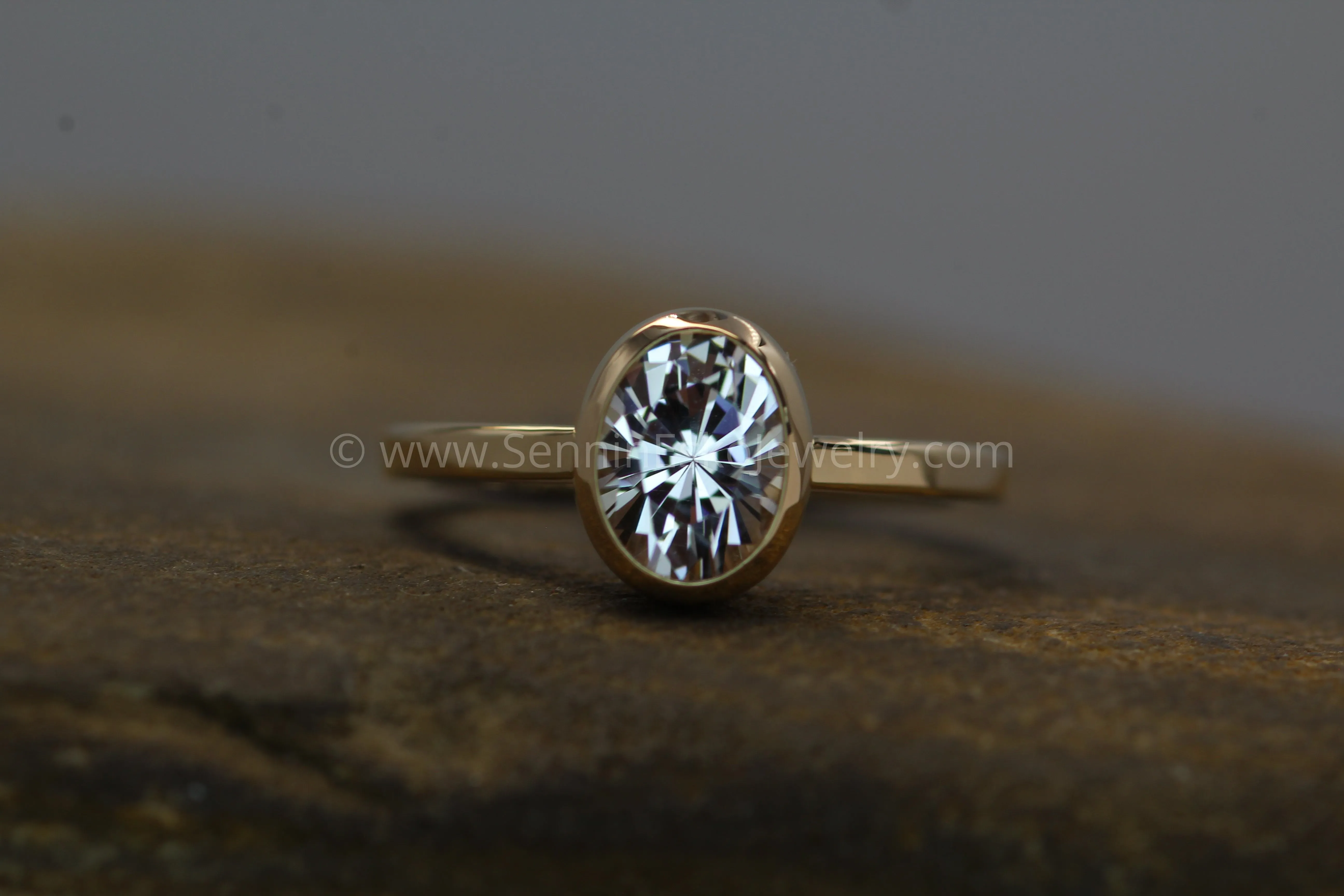 Clear Topaz Oval Yellow Gold Bezel Ring - 6x8mm Precision Cut Topaz