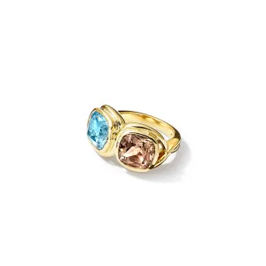 Confucius Ring 18ct Yellow Gold - Blue Topaz & Smoky Quartz