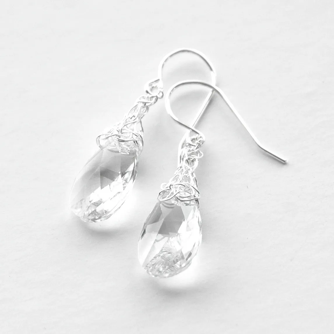 Crocheted Silver Drops , silver and clear swarovski crystal