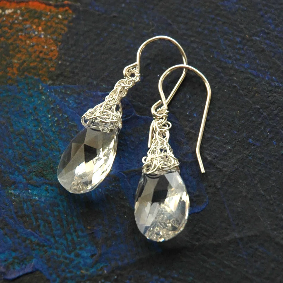 Crocheted Silver Drops , silver and clear swarovski crystal