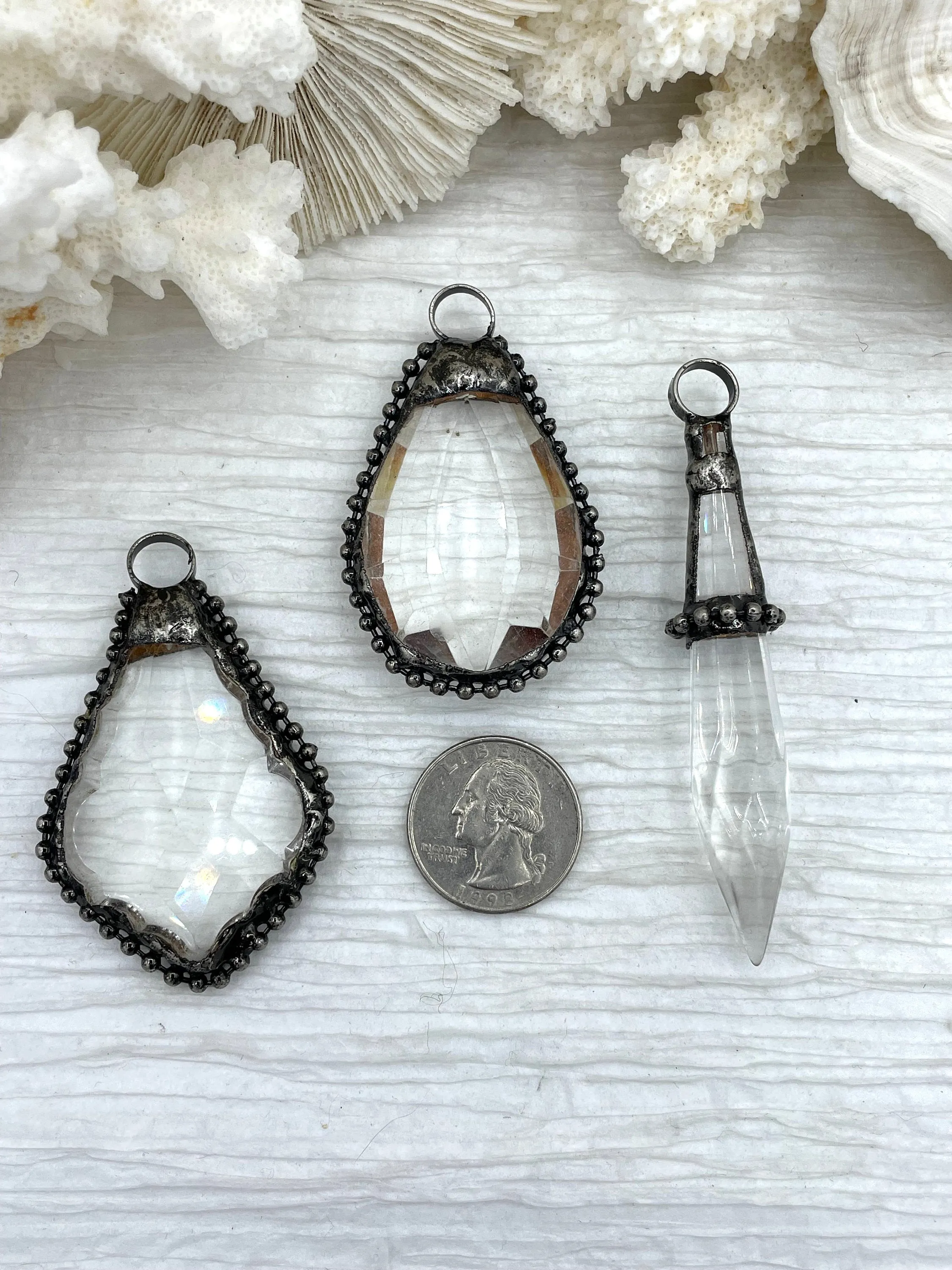 Crystal Burnished Silver Soldered Pendants and charms. Textured Burnished Silver Soldered Crystals, 3 Styles to choose from. Fast Shipping