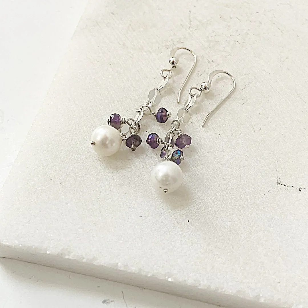 Cultured Pearl Earrings, Amethyst Earrings-Uni-T