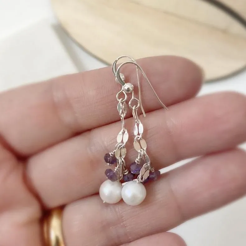 Cultured Pearl Earrings, Amethyst Earrings-Uni-T