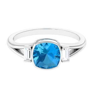 Cushion Cut Swiss Blue Topaz Solitaire Ring with Diamond in Split Shank