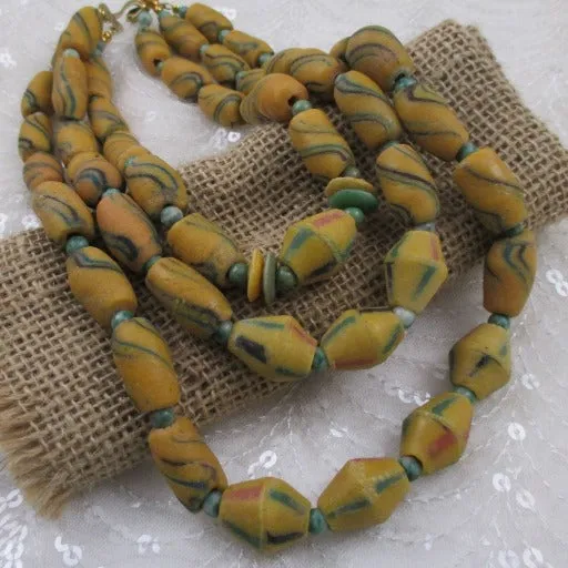 Dark Yellow Handmade African Trade Bead Necklace Triple Strand