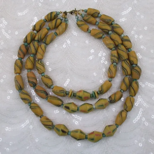 Dark Yellow Handmade African Trade Bead Necklace Triple Strand