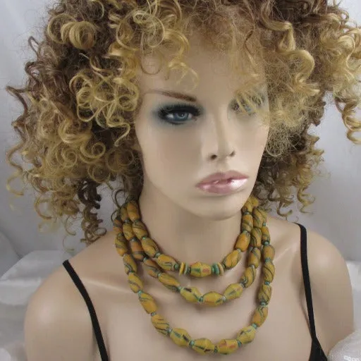 Dark Yellow Handmade African Trade Bead Necklace Triple Strand