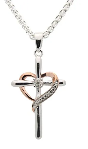 Diamond Heart Necklace Cross Genuine Diamond 925 Sterling Silver With Rose Accents