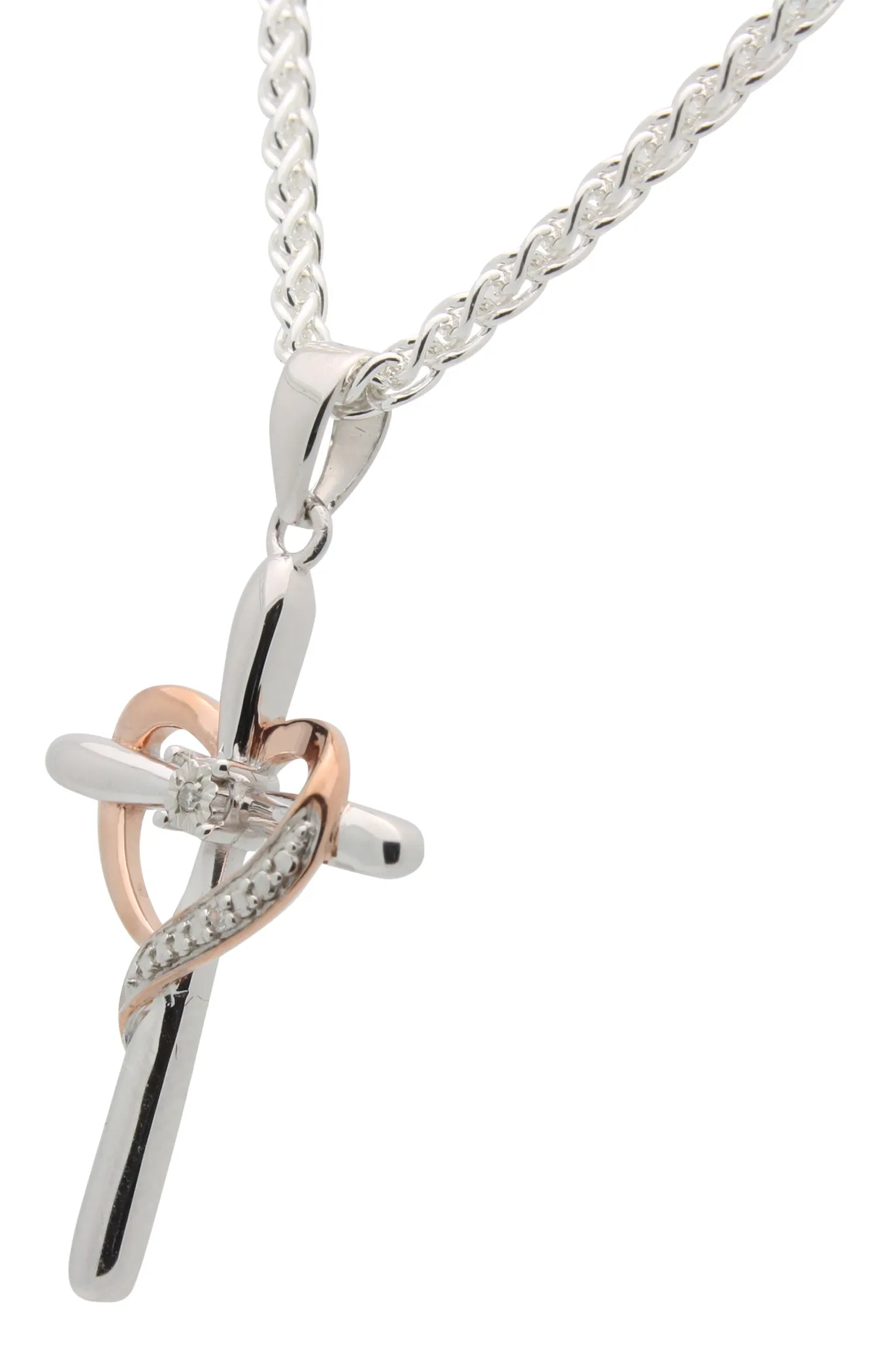 Diamond Heart Necklace Cross Genuine Diamond 925 Sterling Silver With Rose Accents