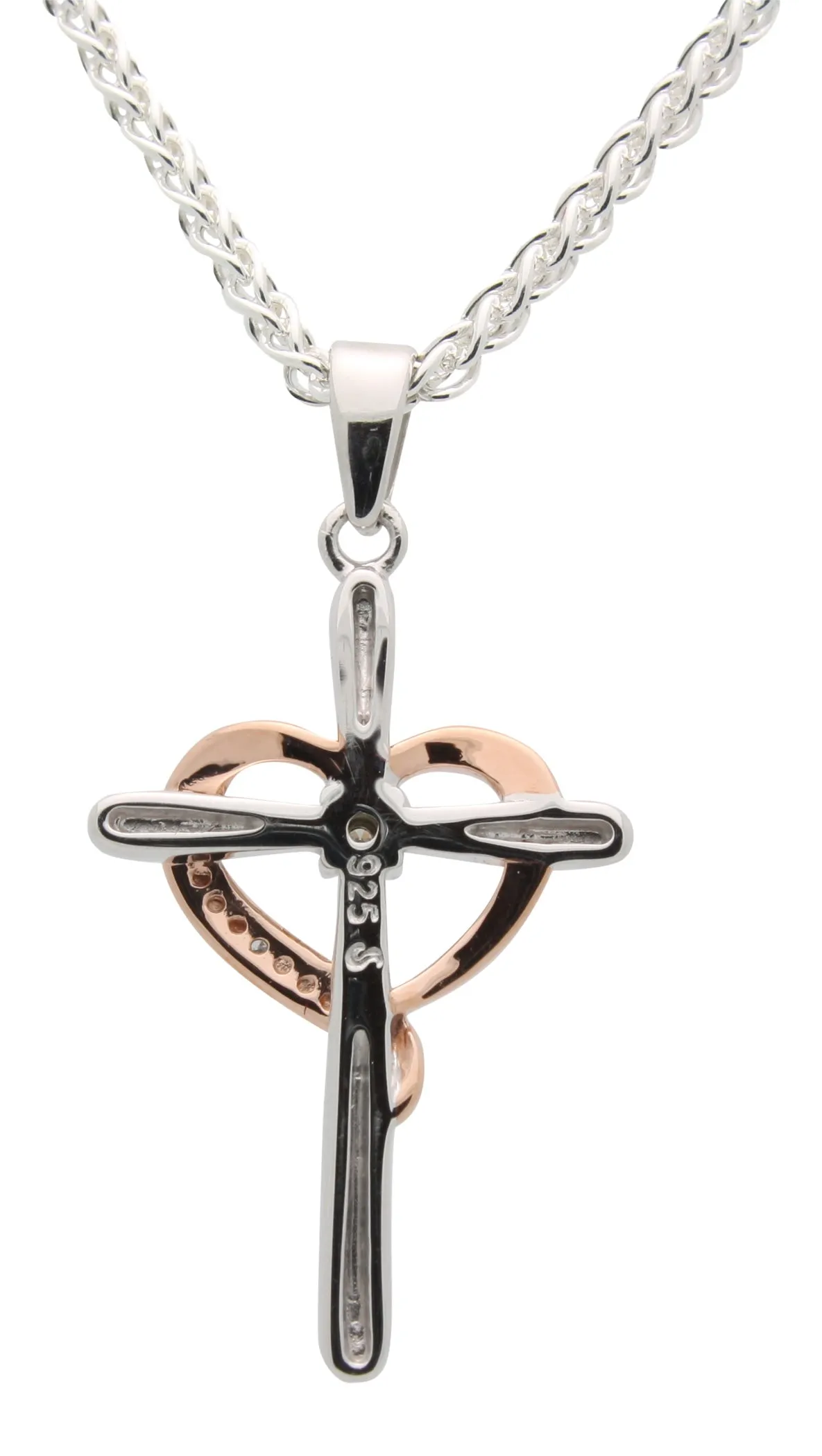 Diamond Heart Necklace Cross Genuine Diamond 925 Sterling Silver With Rose Accents