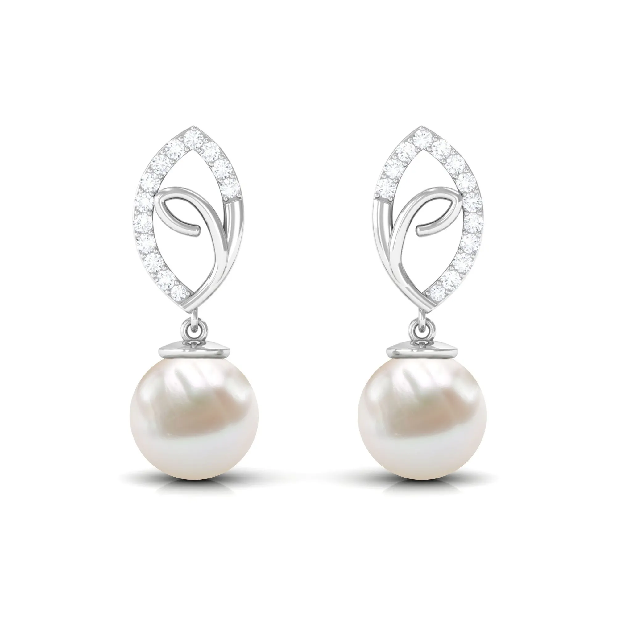 Diamond Leaf and Freshwater Pearl Dangle Drop Earrings